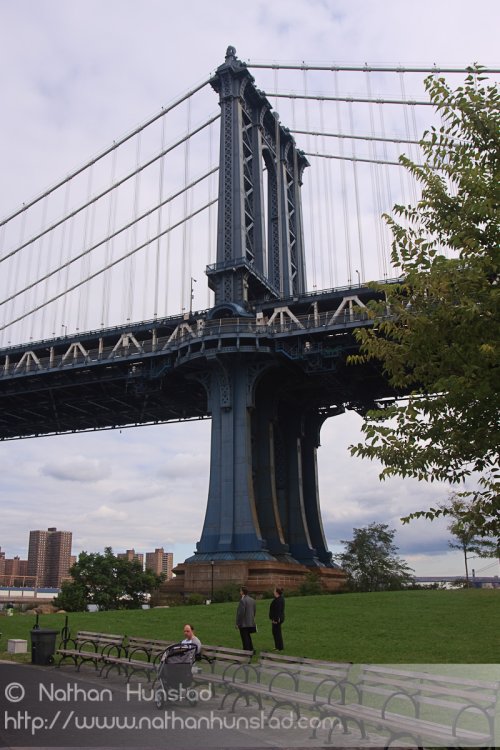 One of the Manhattan Bridge towers from Brooklyn Bridge Park